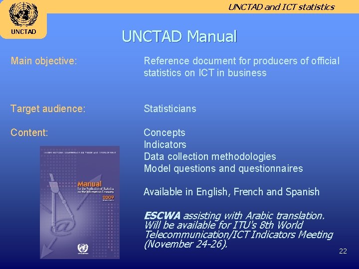 UNCTAD and ICT statistics UNCTAD Manual Main objective: Reference document for producers of official