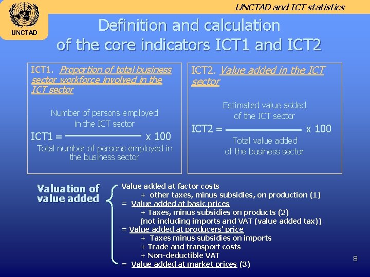 UNCTAD and ICT statistics UNCTAD Definition and calculation of the core indicators ICT 1