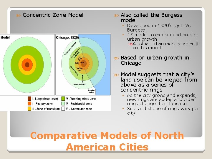  Concentric Zone Model Also called the Burgess model ◦ Developed in 1920’s by