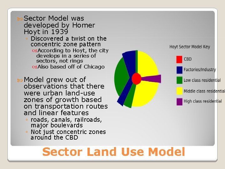  Sector Model was developed by Homer Hoyt in 1939 ◦ Discovered a twist