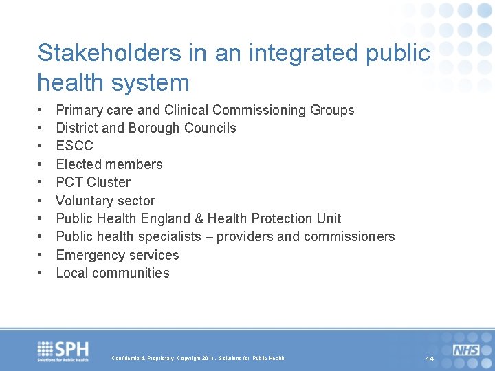 Stakeholders in an integrated public health system • • • Primary care and Clinical
