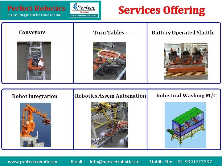 Perfect Robotics Manaji Nagar, Narhe Pune 411041 www. perfectrobotics. in Services Offering Email :