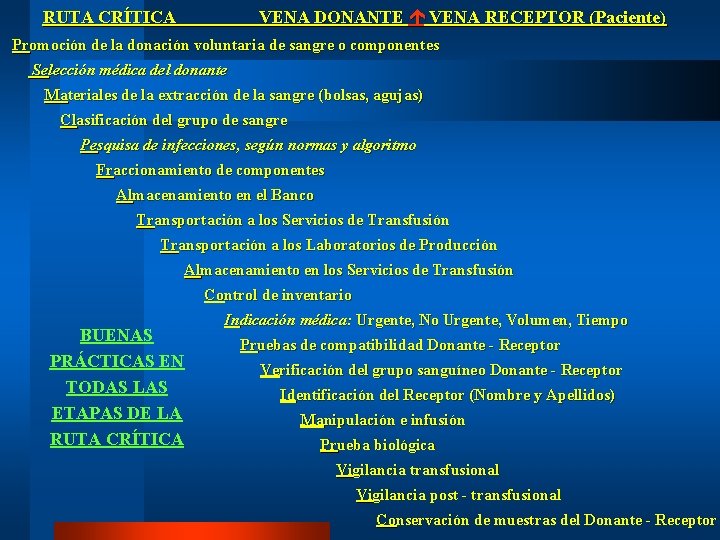 VENA DONANTE VENA RECEPTOR (Paciente) RUTA CRÍTICA Promoción de la donación voluntaria de sangre