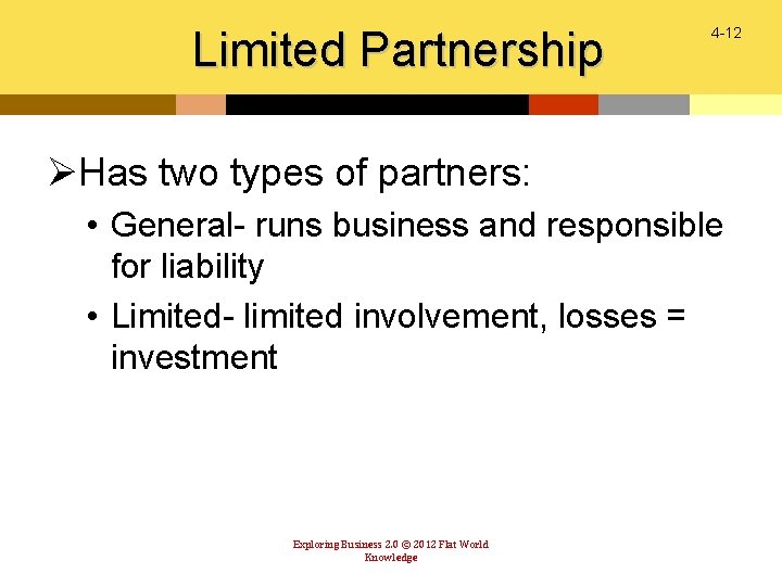 Limited Partnership 4 -12 ØHas two types of partners: • General- runs business and