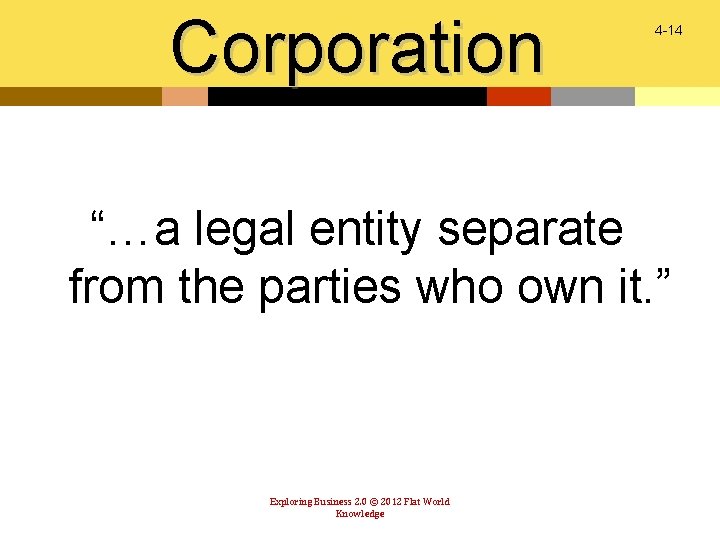 Corporation 4 -14 “…a legal entity separate from the parties who own it. ”