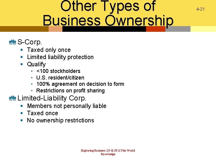 Other Types of Business Ownership S-Corp. § Taxed only once § Limited liability protection