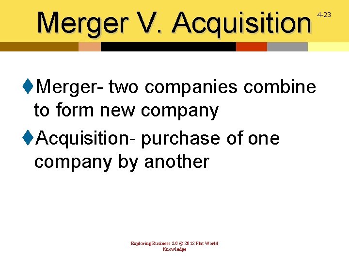 Merger V. Acquisition t. Merger- two companies combine to form new company t. Acquisition-