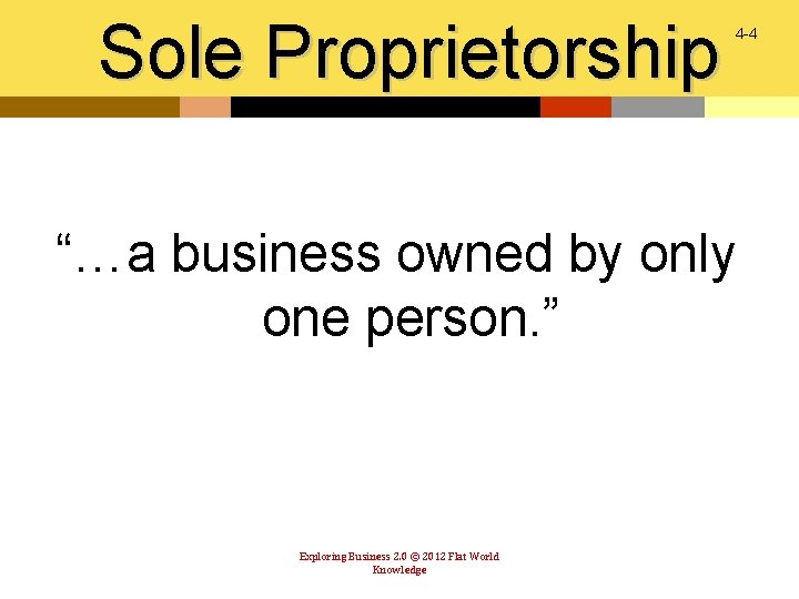 Sole Proprietorship 4 -4 “…a business owned by only one person. ” Exploring Business