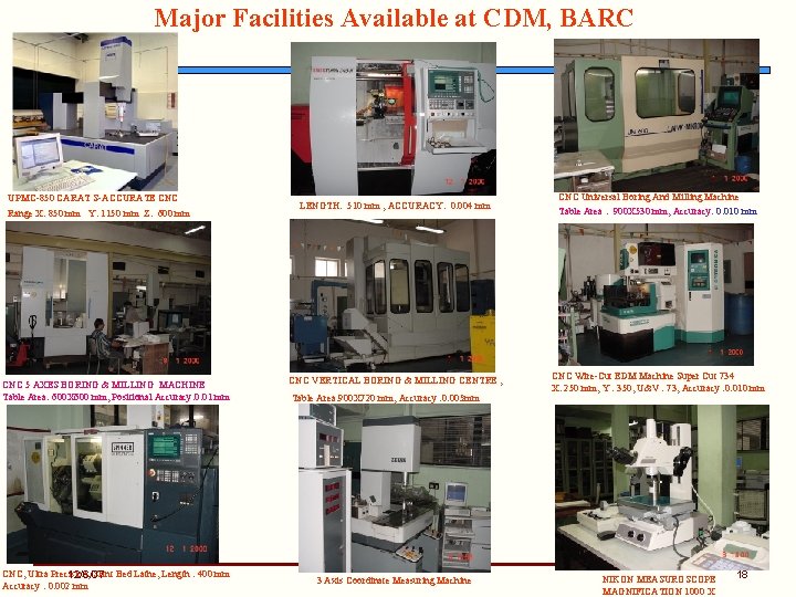 Major Facilities Available at CDM, BARC UPMC-850 CARAT S-ACCURATE CNC Range X: 850 mm