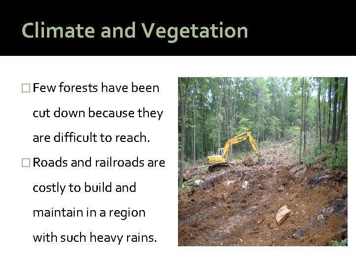 Climate and Vegetation � Few forests have been cut down because they are difficult