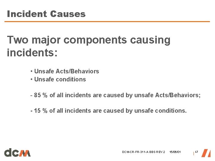 Incident Causes Two major components causing incidents: • Unsafe Acts/Behaviors • Unsafe conditions - Incident Causes Two major components causing incidents: • Unsafe Acts/Behaviors • Unsafe conditions -