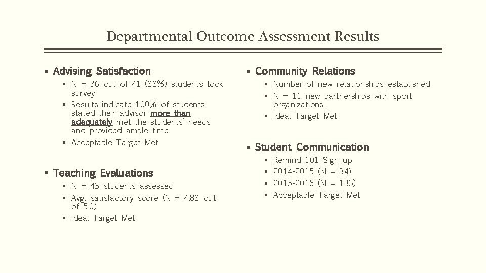Departmental Outcome Assessment Results § Advising Satisfaction § N = 36 out of 41