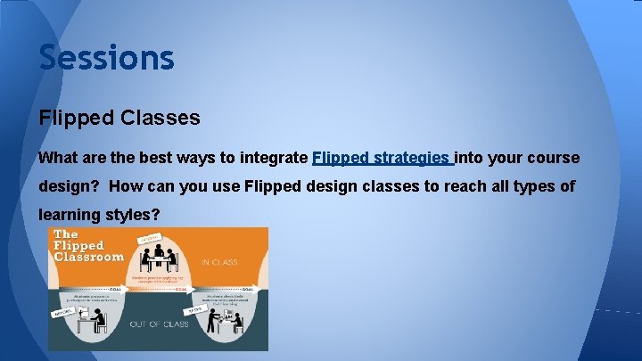 Sessions Flipped Classes What are the best ways to integrate Flipped strategies into your