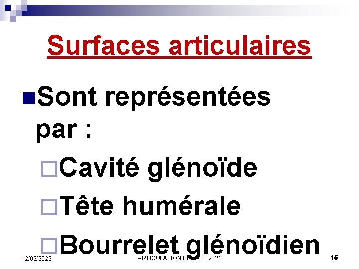 Surfaces articulaires n. Sont représentées par : ¨Cavité glénoïde ¨Tête humérale ¨Bourrelet glénoïdien 12/02/2022