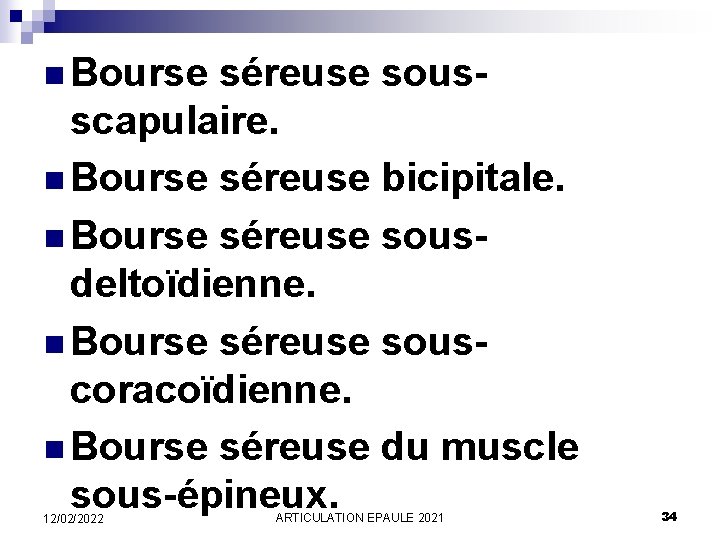 n Bourse séreuse sousscapulaire. n Bourse séreuse bicipitale. n Bourse séreuse sousdeltoïdienne. n Bourse