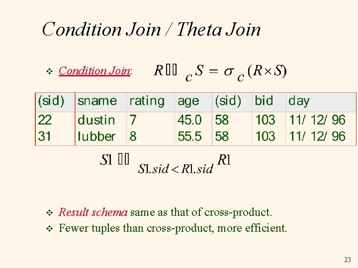 Condition Join / Theta Join v Condition Join: v Result schema same as that