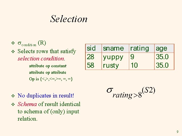 Selection v v condition (R) Selects rows that satisfy selection condition. attribute op constant