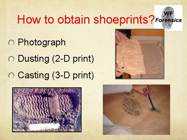 How to obtain shoeprints? Photograph Dusting (2 -D print) Casting (3 -D print) 