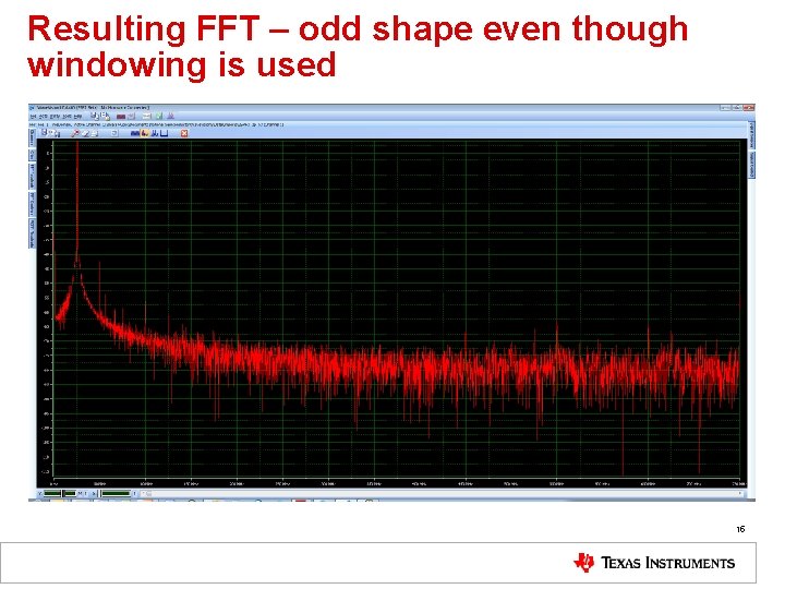 Resulting FFT – odd shape even though windowing is used 15 
