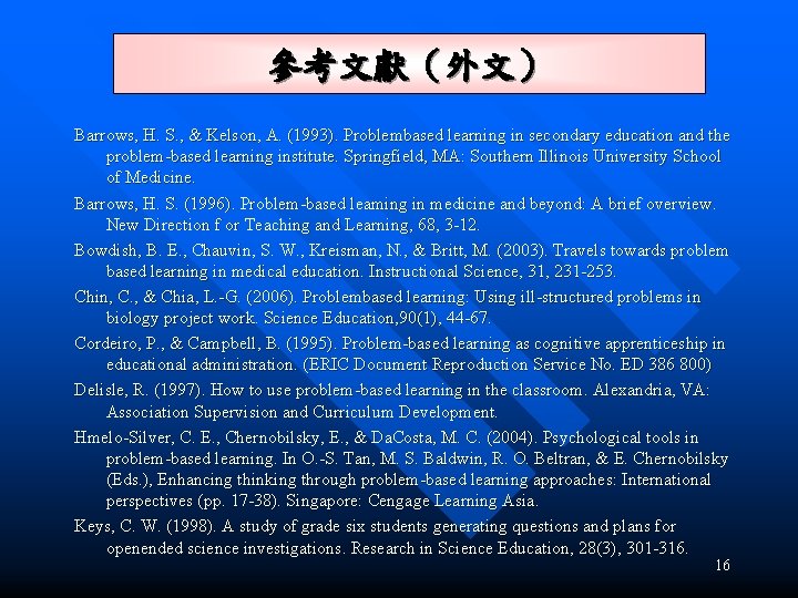 參考文獻（外文） Barrows, H. S. , & Kelson, A. (1993). Problembased learning in secondary education