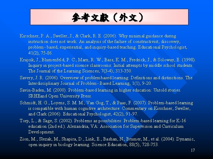 參考文獻（外文） Kirschner, P. A. , Sweller, J. , & Clark, R. E. (2006). Why