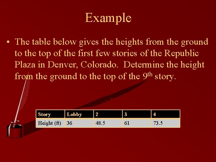 Example • The table below gives the heights from the ground to the top