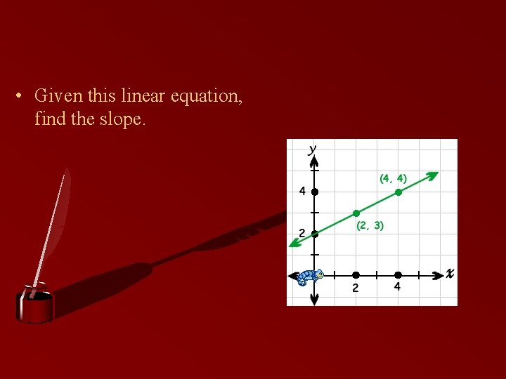  • Given this linear equation, find the slope. 