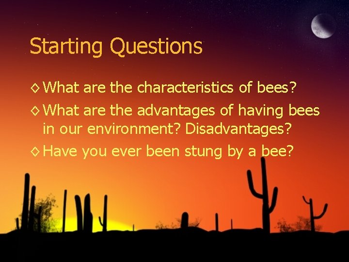 Starting Questions ◊ What are the characteristics of bees? ◊ What are the advantages