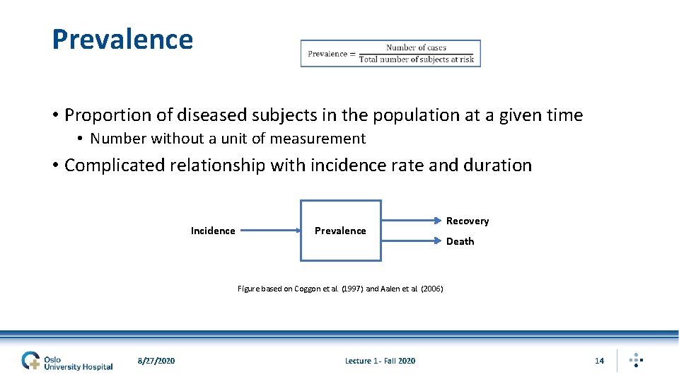 Prevalence • Proportion of diseased subjects in the population at a given time •