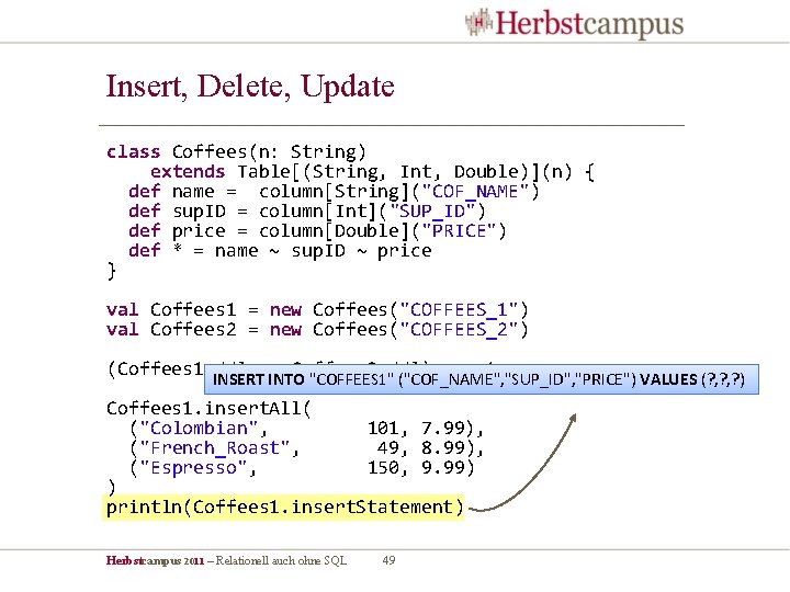 Insert, Delete, Update class Coffees(n: String) extends Table[(String, Int, Double)](n) { def name =