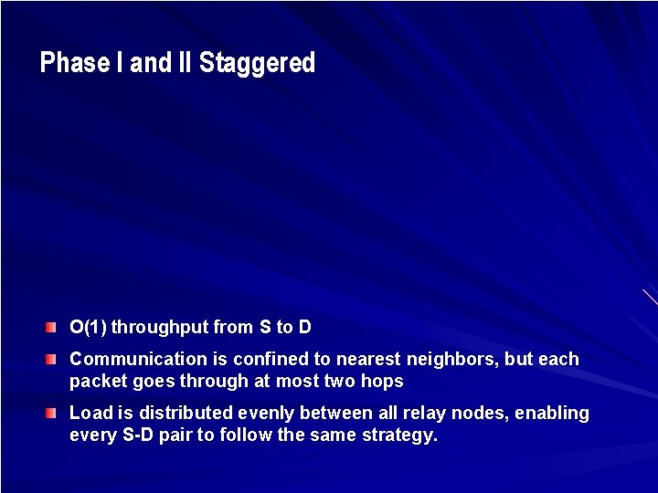 Phase I and II Staggered O(1) throughput from S to D Communication is confined