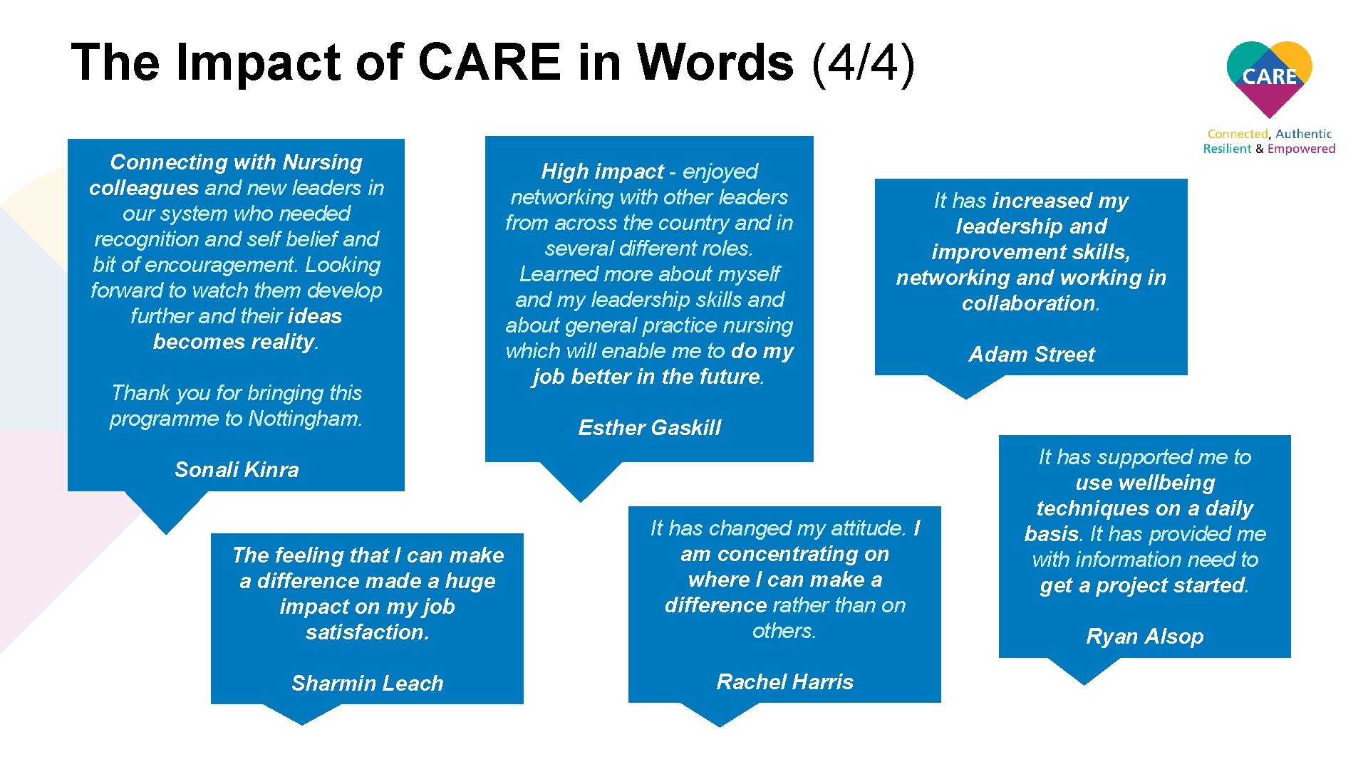 The Impact of CARE in Words (4/4) Connecting with Nursing colleagues and new leaders