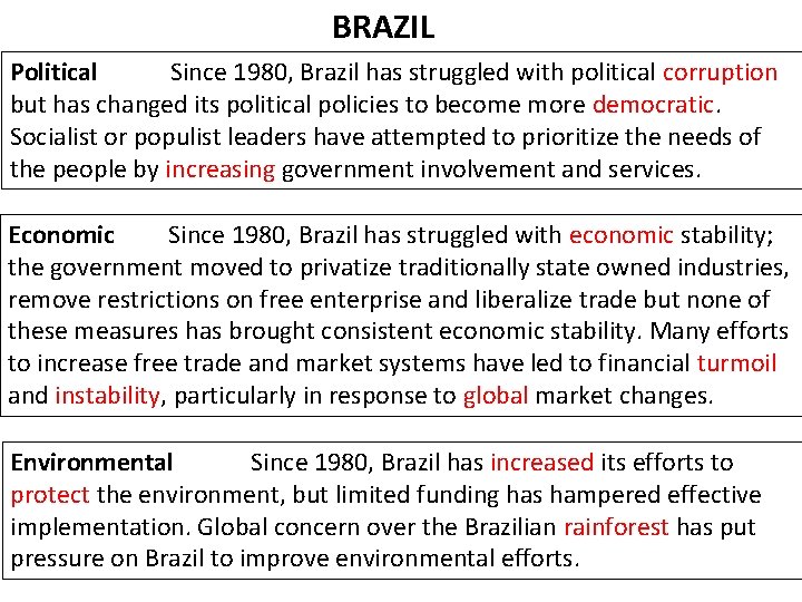 BRAZIL Political Since 1980, Brazil has struggled with political corruption but has changed its