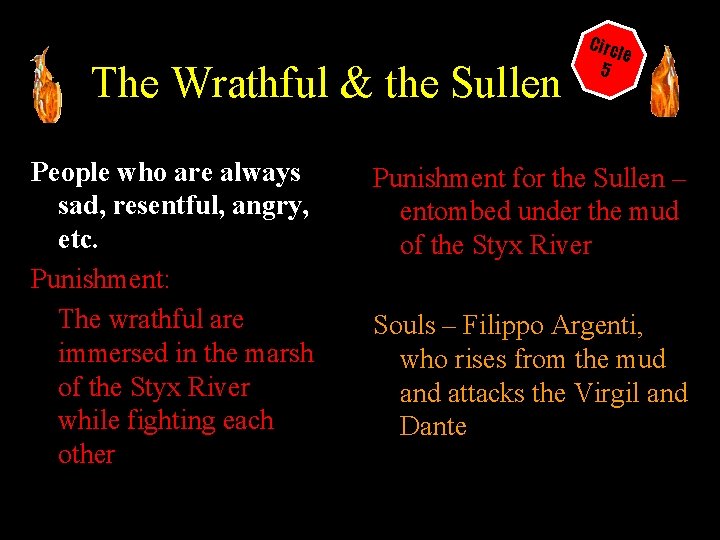 The Wrathful & the Sullen People who are always sad, resentful, angry, etc. Punishment: