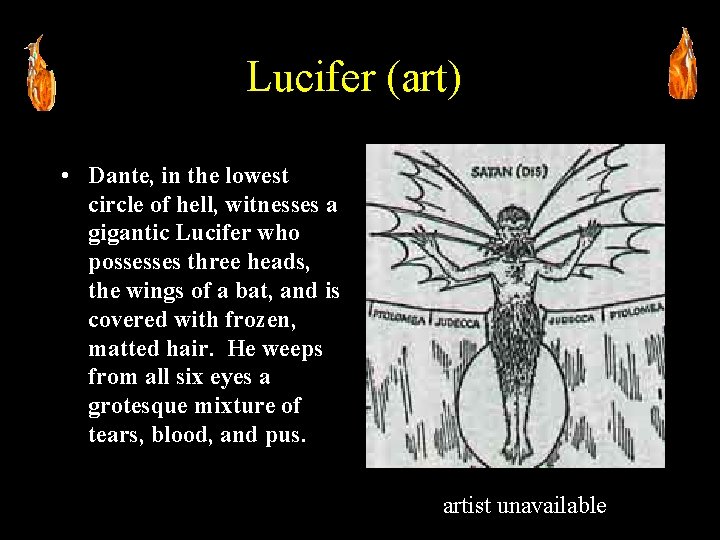 Lucifer (art) • Dante, in the lowest circle of hell, witnesses a gigantic Lucifer