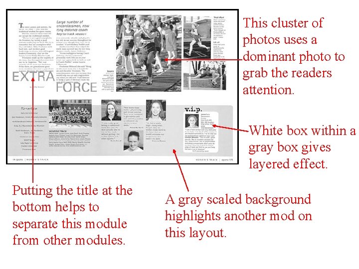 This cluster of photos uses a dominant photo to grab the readers attention. White
