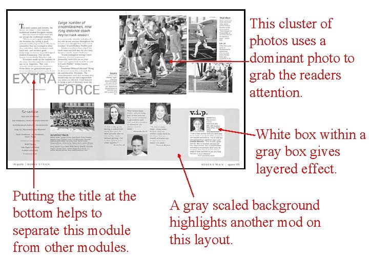 This cluster of photos uses a dominant photo to grab the readers attention. White This cluster of photos uses a dominant photo to grab the readers attention. White