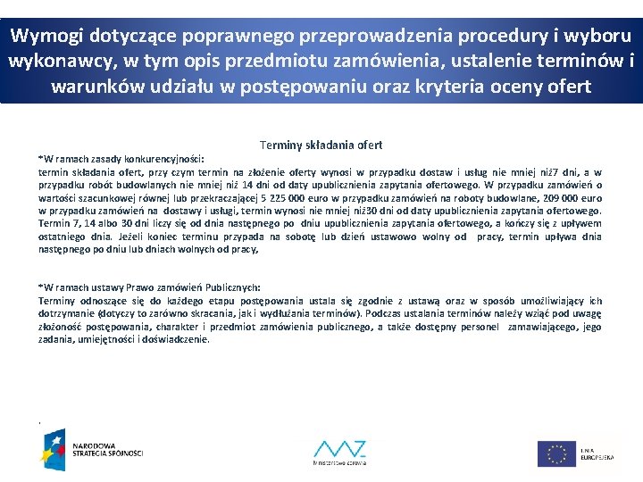 Wymogi dotyczące poprawnego przeprowadzenia procedury i wyboru wykonawcy, w tym opis przedmiotu zamówienia, ustalenie