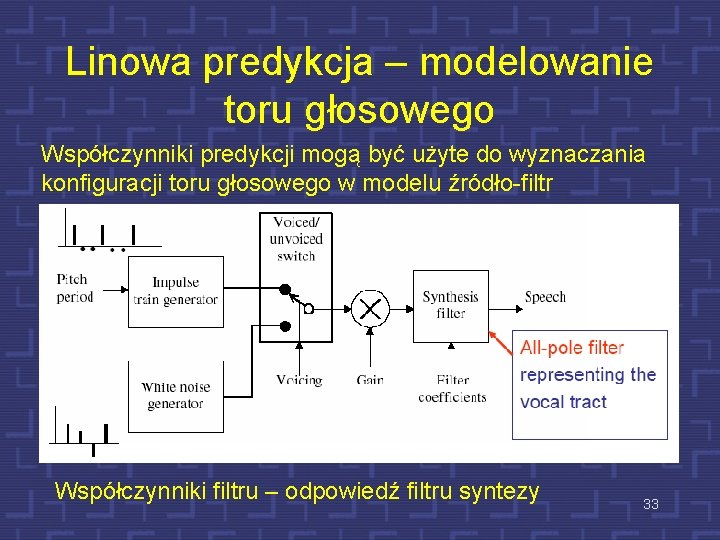 Linowa predykcja – modelowanie toru głosowego Współczynniki predykcji mogą być użyte do wyznaczania konfiguracji