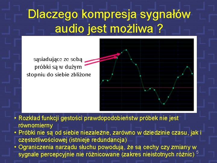 Dlaczego kompresja sygnałów audio jest możliwa ? • Rozkład funkcji gęstości prawdopodobieństw próbek nie