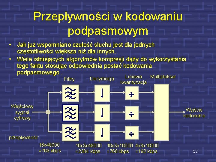 Przepływności w kodowaniu podpasmowym • Jak już wspomniano czułość słuchu jest dla jednych częstotliwości