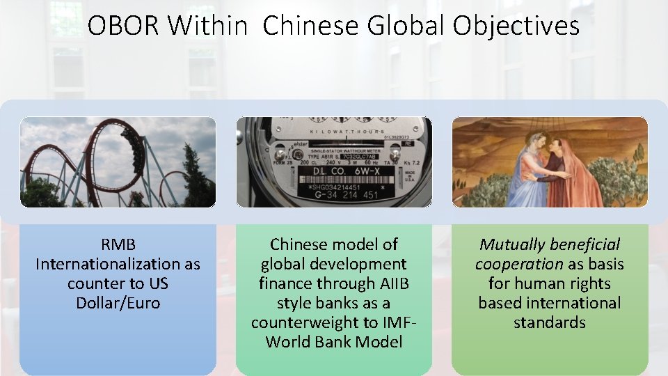 OBOR Within Chinese Global Objectives RMB Internationalization as counter to US Dollar/Euro Chinese model