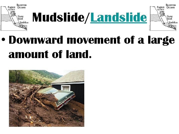 Mudslide/Landslide • Downward movement of a large amount of land. 