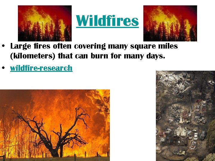 Wildfires • Large fires often covering many square miles (kilometers) that can burn for