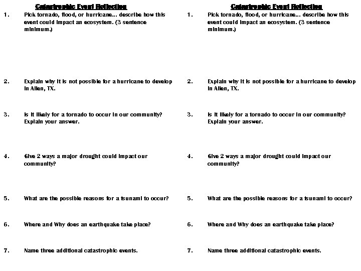 Catastrophic Event Reflection 1. Pick tornado, flood, or hurricane… describe how this event could