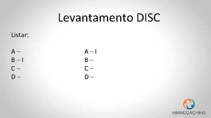 Levantamento DISC Listar: A– B–I C– D– A–I B– C– D– 