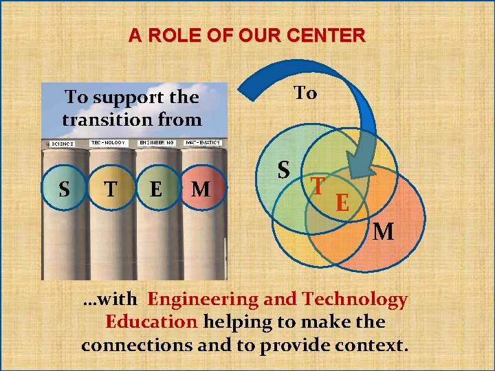 A ROLE OF OUR CENTER To To support the transition from S T E