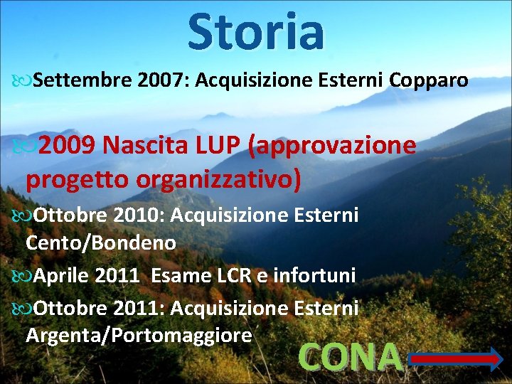 Storia Settembre 2007: Acquisizione Esterni Copparo 2009 Nascita LUP (approvazione progetto organizzativo) Ottobre 2010: