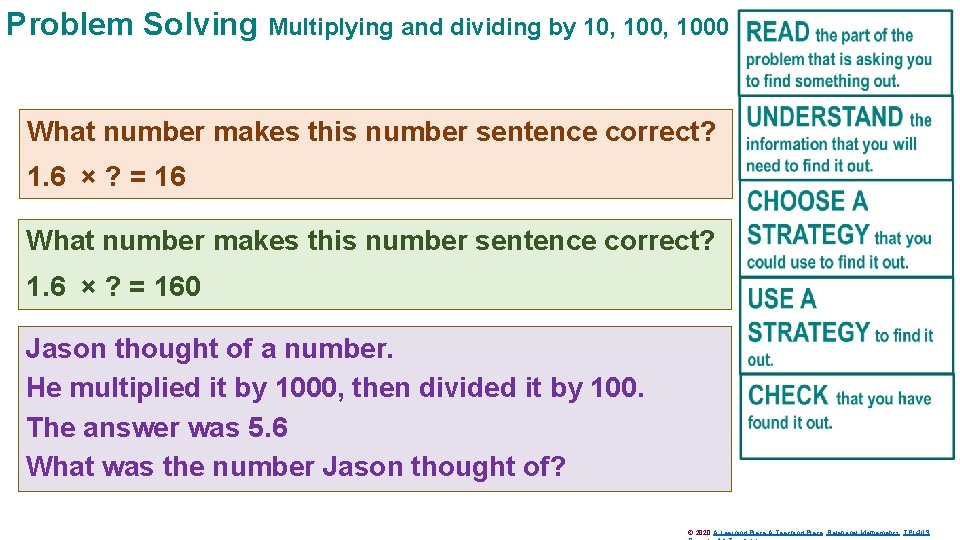 Problem Solving Multiplying and dividing by 10, 1000 What number makes this number sentence