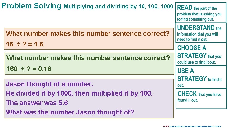 Problem Solving Multiplying and dividing by 10, 1000 What number makes this number sentence